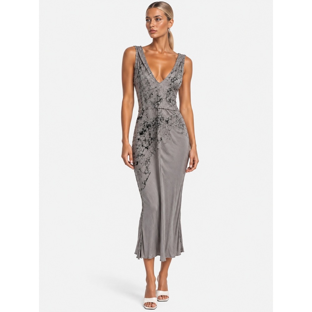 Jaga Gray Abstract Splatter Rayon V-Neck Midi Slip Dress Made in USA 2 M